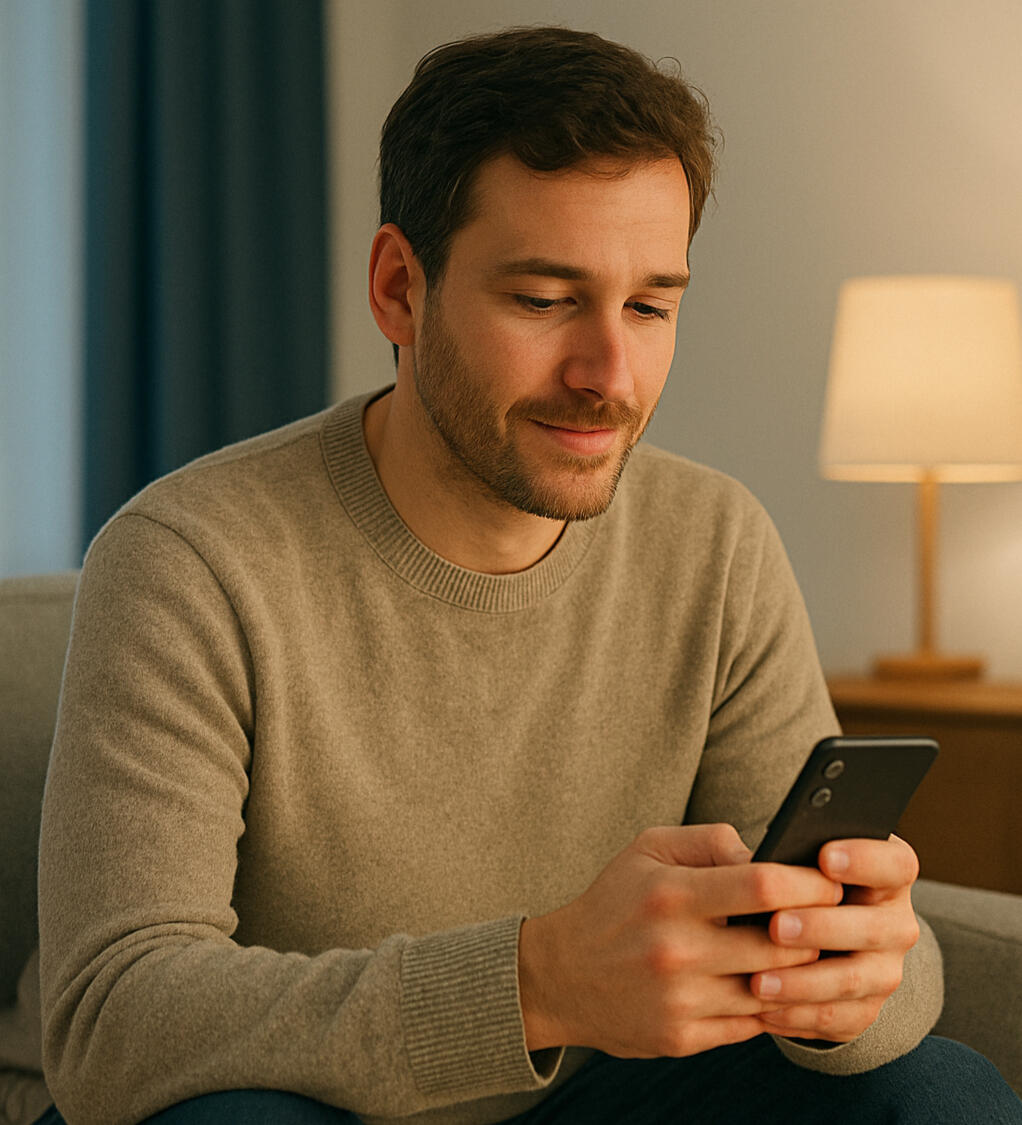 A white girl sitting on bed talking with Aitherapy on her phone